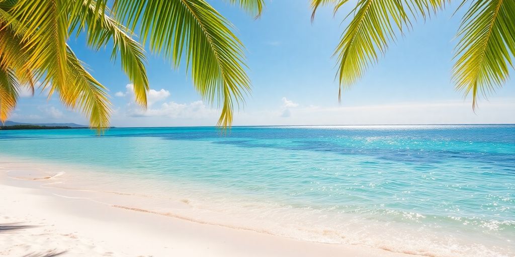Strand von Akumal Bay mit klarem Wasser und Palmen.