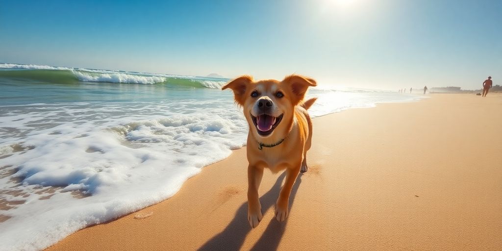 Hund spielt am Strand mit Wasser und Sonne.