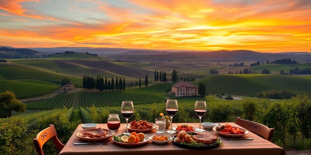 Toskana Landschaft mit Weinbergen und rustikalem Bauernhaus.