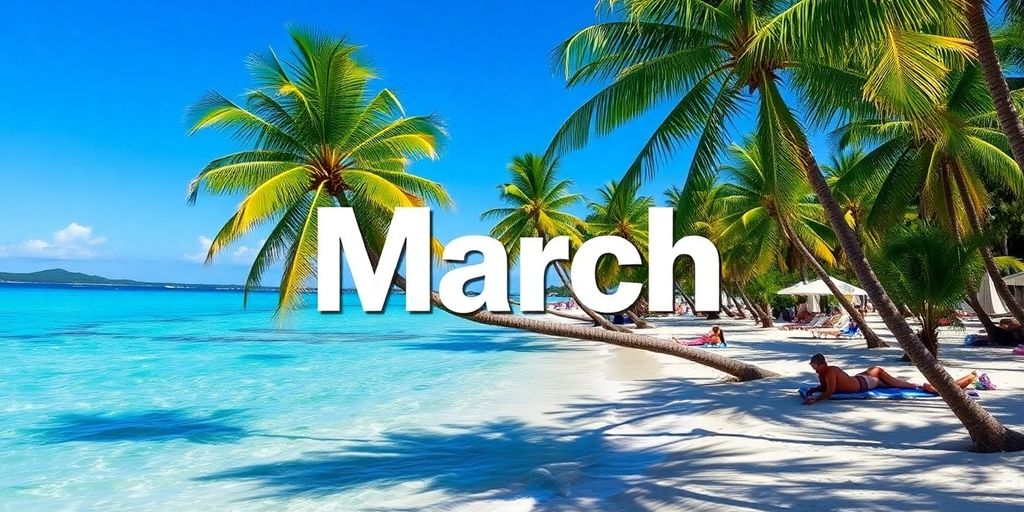 Strandurlaubsziel mit Palmen und klarem Wasser im März.