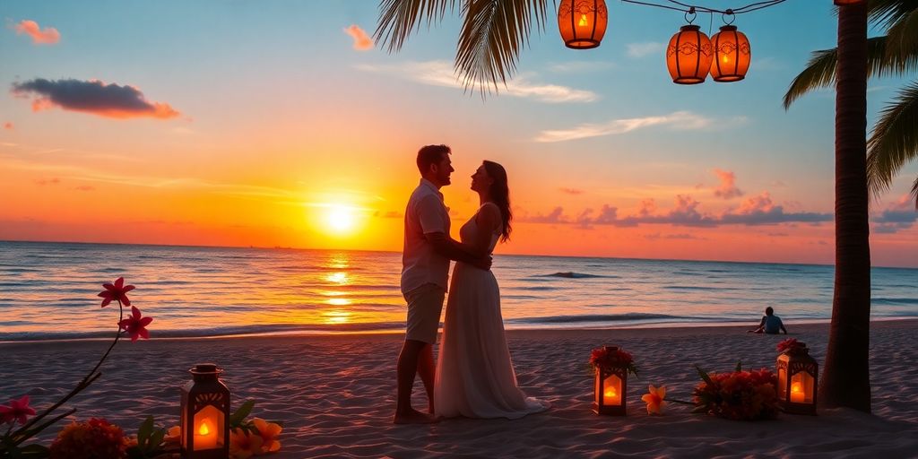 Romantisches Strandbild eines Paares bei Sonnenuntergang.