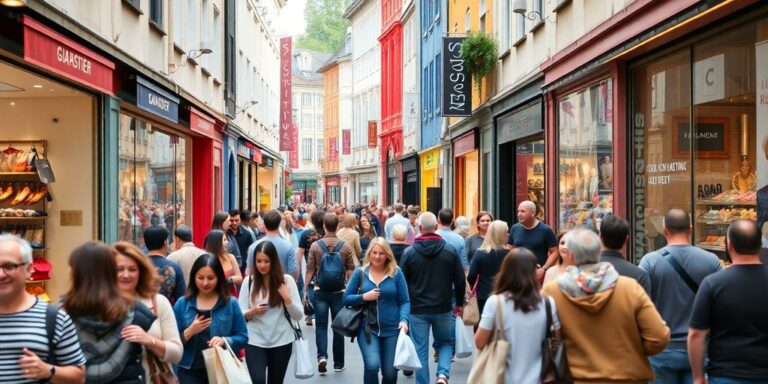 Lebendige Einkaufsstraße mit Menschen und bunten Geschäften.