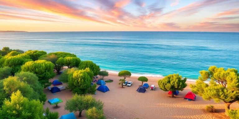 Campingplatz am Meer in Südfrankreich bei Sonnenuntergang.