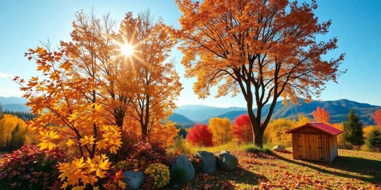 Herbstlandschaft mit buntem Laub und warmem Sonnenlicht.
