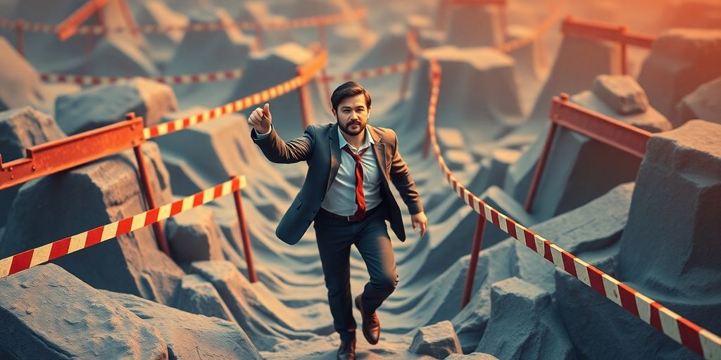 Unternehmer navigiert durch Herausforderungen und Hindernisse.