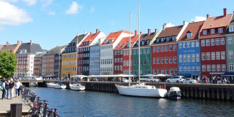 Bunte Gebäude am Nyhavn mit Fahrrädern und Booten.
