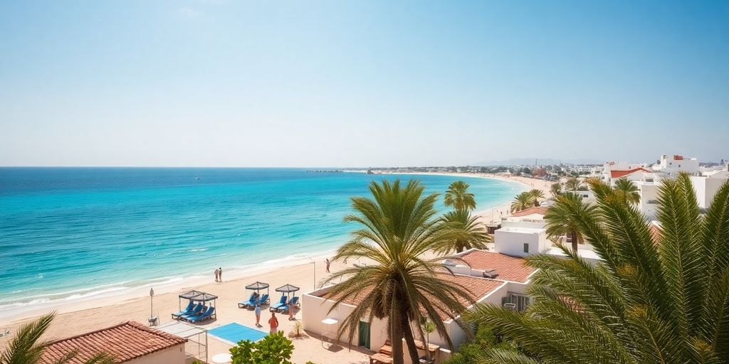 Djerba Insel mit Stränden und traditionellen Gebäuden.