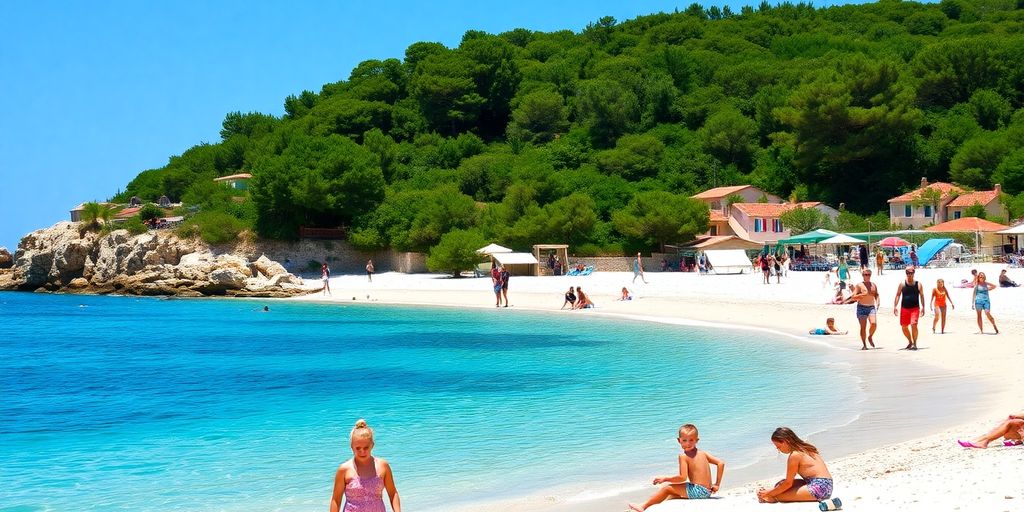Familien am Strand auf der Insel Pag in Kroatien.