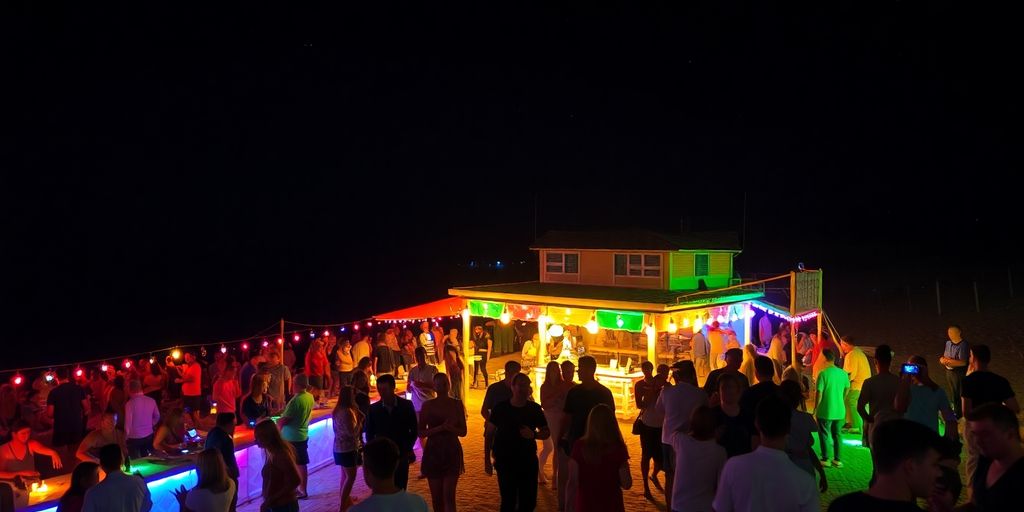 Nachtleben auf der Insel Pag mit bunten Lichtern.