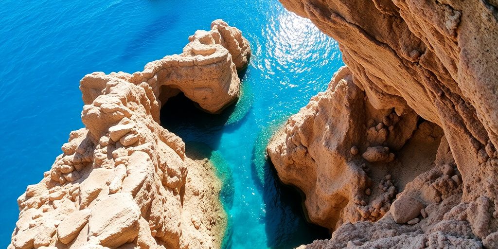 Blaue Grotte mit strahlend blauem Wasser und Felsen.