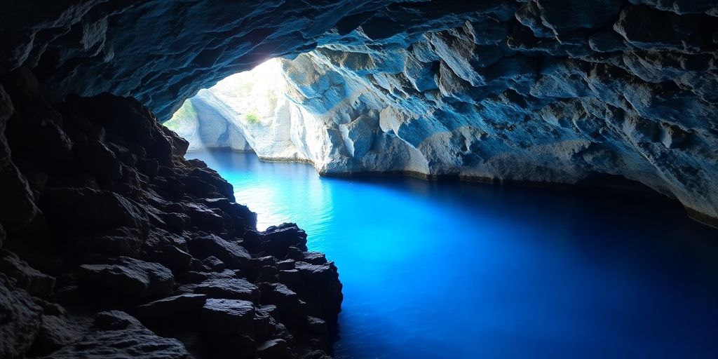 Blaue Grotte mit leuchtendem Wasser und Felsen.