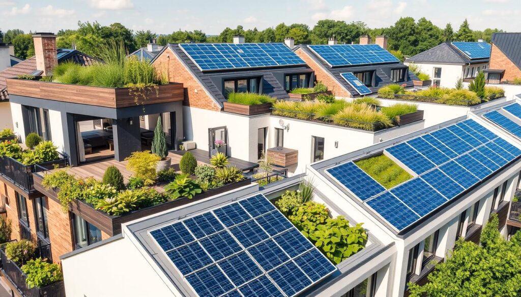 Nachhaltiges Neubauprojekt in Leipzig mit Solarpanels und Grünflächen, zeigt moderne Eigentumswohnung Leipzig mit Umweltfokus Nachhaltiges Neubauprojekt in Leipzig mit Solarpanels und Grünflächen, zeigt moderne Eigentumswohnung Leipzig mit Umweltfokus