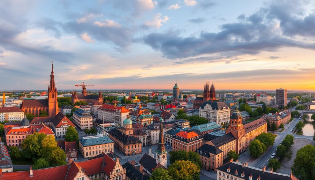 Panoramablick über Leipzig bei Sonnenuntergang, zeigt die Vielfalt der Stadt und ihre Attraktivität für Eigentumswohnung Leipzig Panoramablick über Leipzig bei Sonnenuntergang, zeigt die Vielfalt der Stadt und ihre Attraktivität für Eigentumswohnung Leipzig