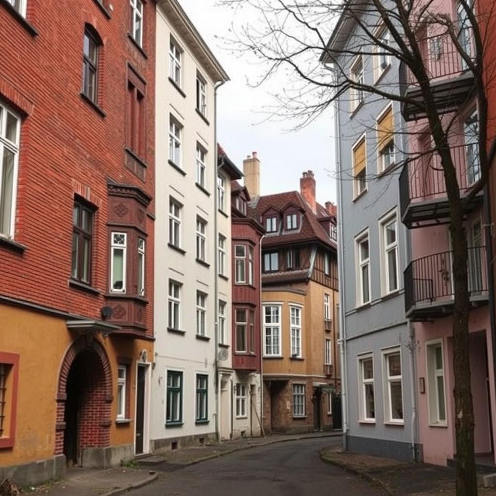 Straßenszene in Reudnitz, Leipzig, mit Gebäuden in verschiedenen Renovierungsstadien, zeigt das Potenzial für Eigentumswohnung Leipzig Straßenszene in Reudnitz, Leipzig, mit Gebäuden in verschiedenen Renovierungsstadien, zeigt das Potenzial für Eigentumswohnung Leipzig