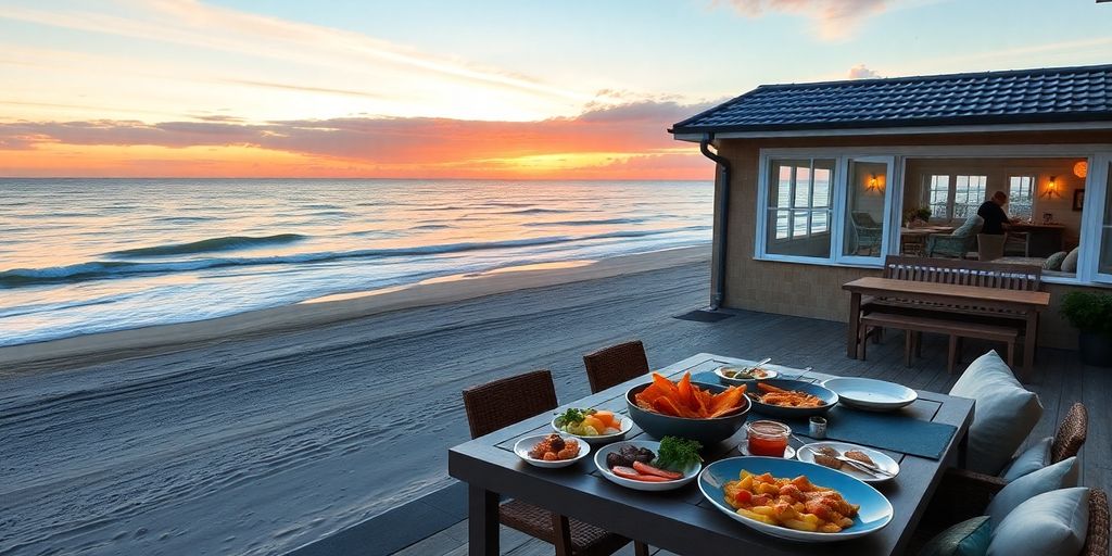 Wunderschönes Ferienhaus am Meer in Zeeland bei Sonnenuntergang.