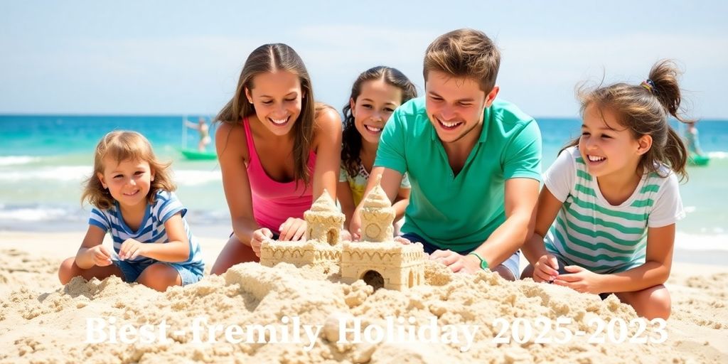 Fröhliche Familie am Strand, Spaß im Urlaub.