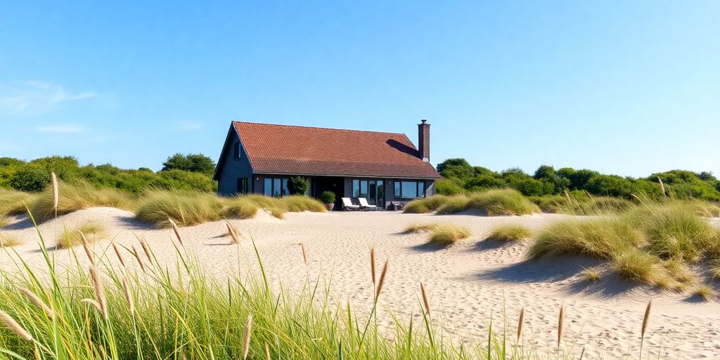 Ferienhaus am Meer mit Sandstrand und blauem Himmel.