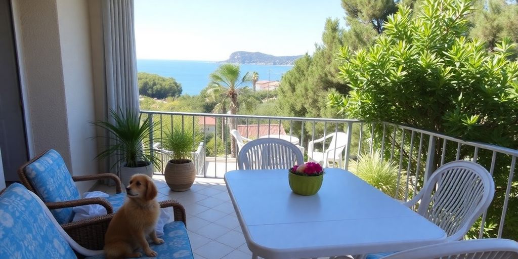 Haustierfreundliche Ferienwohnung mit Balkon und Meerblick.