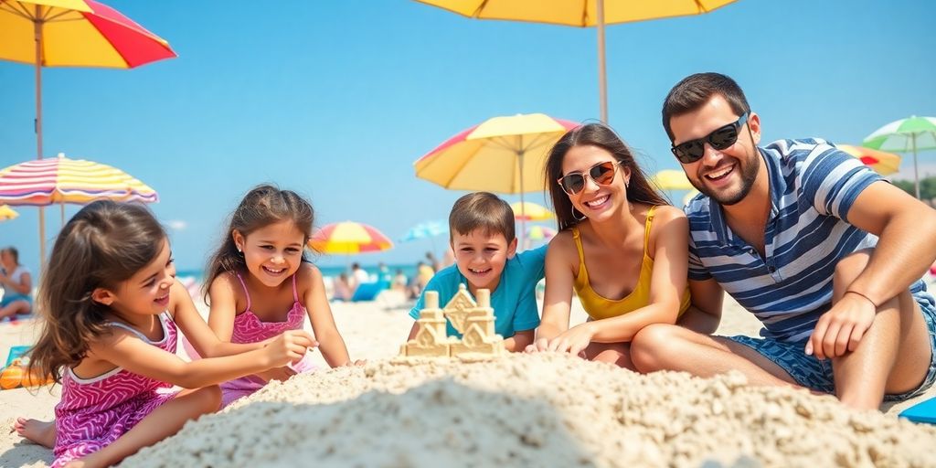 Familie am Strand mit Sonnenschirmen und Sandburgen.