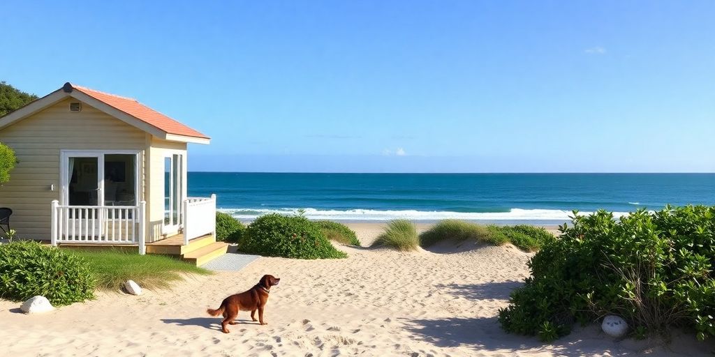 Ferienhaus am Strand mit Hund im Vordergrund.
