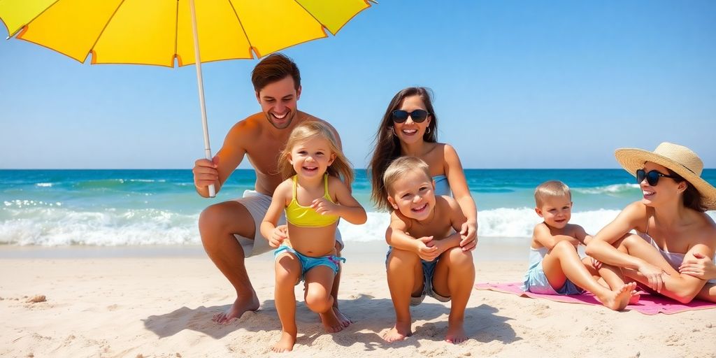 Familie am Strand mit Kindern, fröhliche Urlaubsstimmung.
