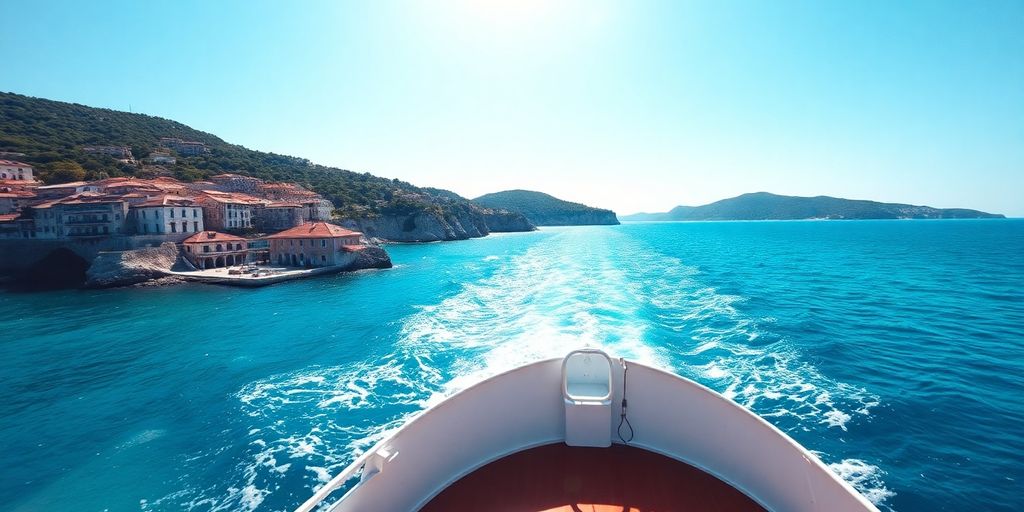 Fähre auf dem Weg nach Brac im sonnigen Wasser.
