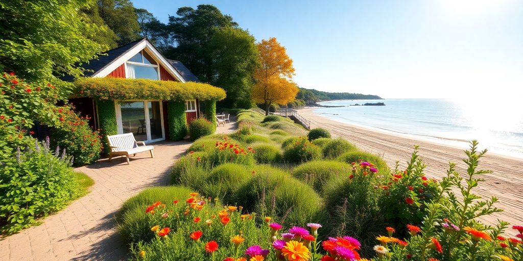 Strandhaus auf Bornholm mit herrlichem Meerblick und Sonne.