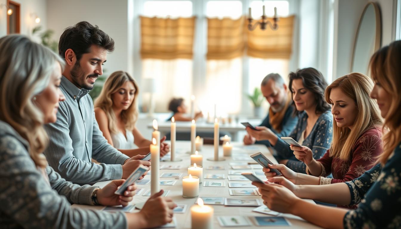 Diverse Gruppe von Menschen beim gemeinsamen Engelkarten ziehen in einem hellen, mit Kerzen beleuchteten Raum