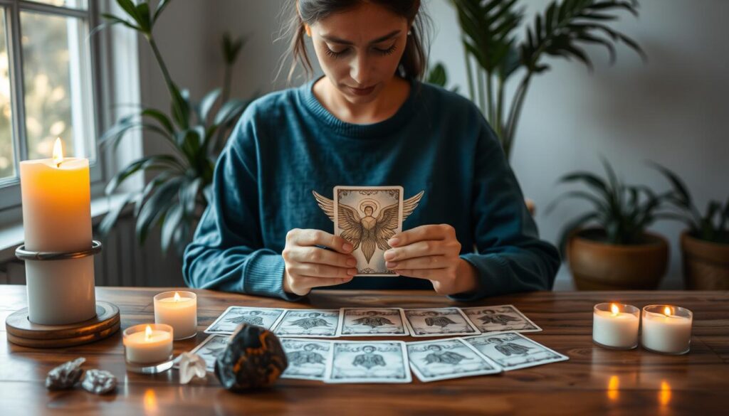 Person beim achtsamen Ziehen einer Engelkarte in meditativer Atmosphäre mit Kerzen und Kristallen Person beim achtsamen Ziehen einer Engelkarte in meditativer Atmosphäre mit Kerzen und Kristallen