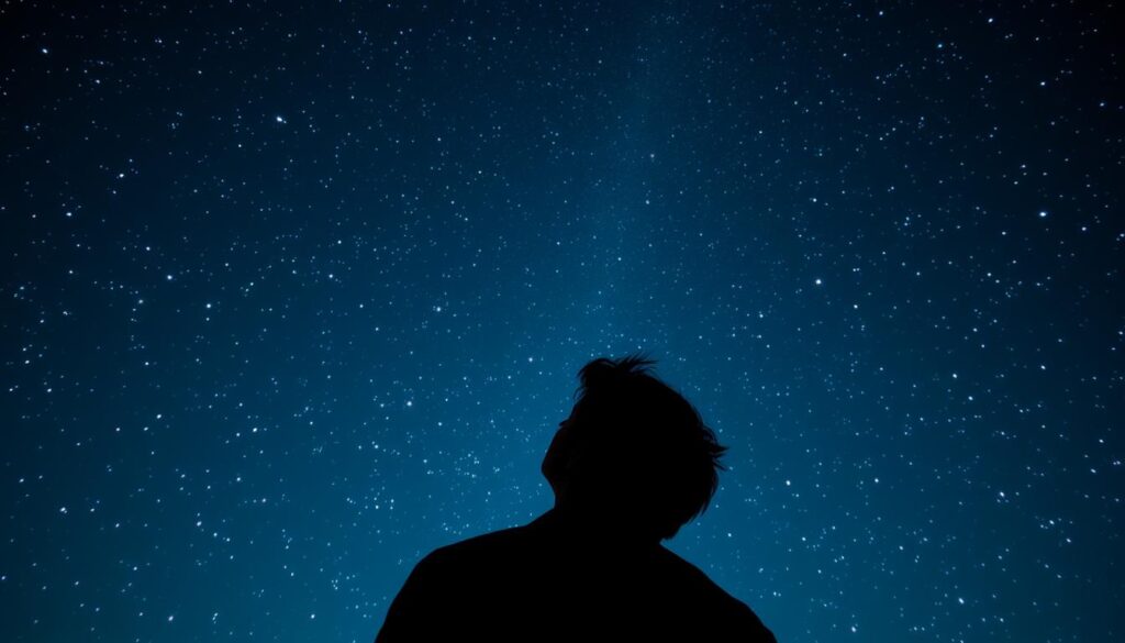 Person betrachtet nachdenklich den Sternenhimmel Person betrachtet nachdenklich den Sternenhimmel