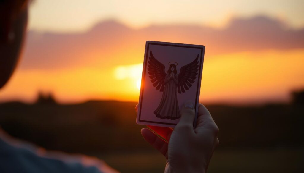 Person betrachtet nachdenklich eine Engelkarte vor dem Hintergrund eines Sonnenuntergangs Person betrachtet nachdenklich eine Engelkarte vor dem Hintergrund eines Sonnenuntergangs