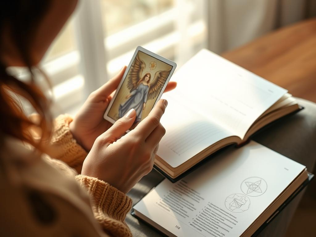 Person betrachtet nachdenklich eine gezogene Engelkarte und macht Notizen in ein Journal Person betrachtet nachdenklich eine gezogene Engelkarte und macht Notizen in ein Journal