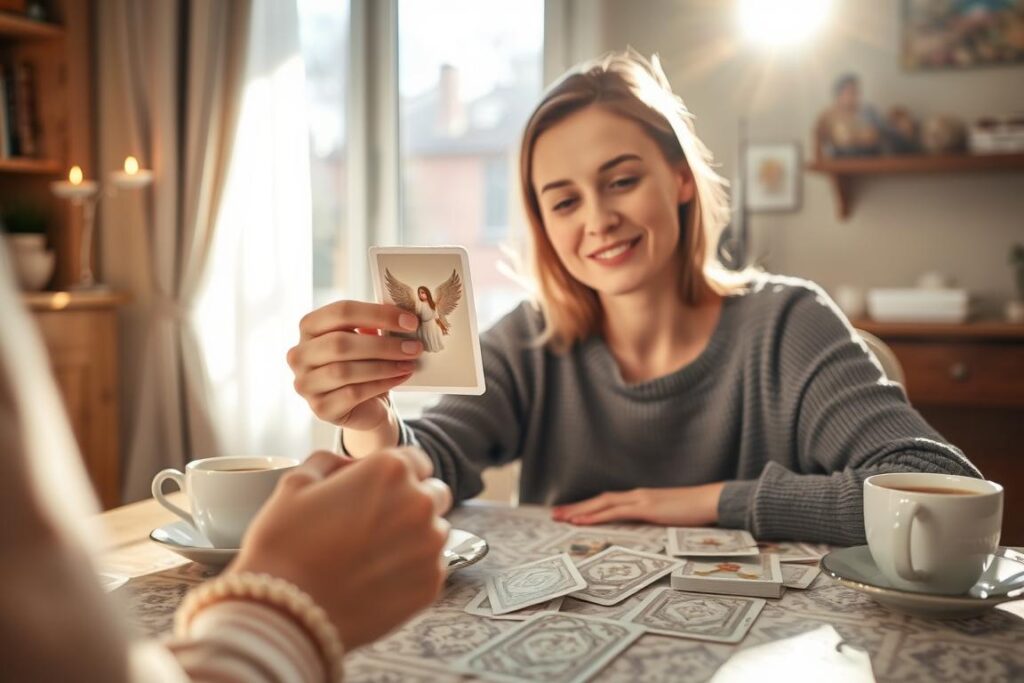 Person zieht am Morgen eine Engelkarte als Teil ihrer täglichen Routine Person zieht am Morgen eine Engelkarte als Teil ihrer täglichen Routine