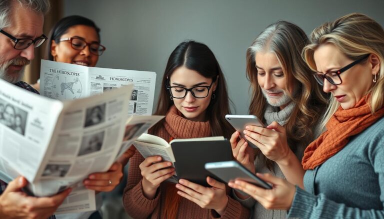 Verschiedene Menschen lesen Horoskope in unterschiedlichen Medien