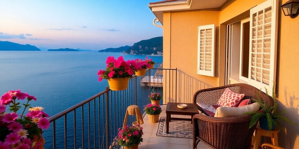 Gemütlicher Balkon mit Meerblick in Bibinje, Kroatien.