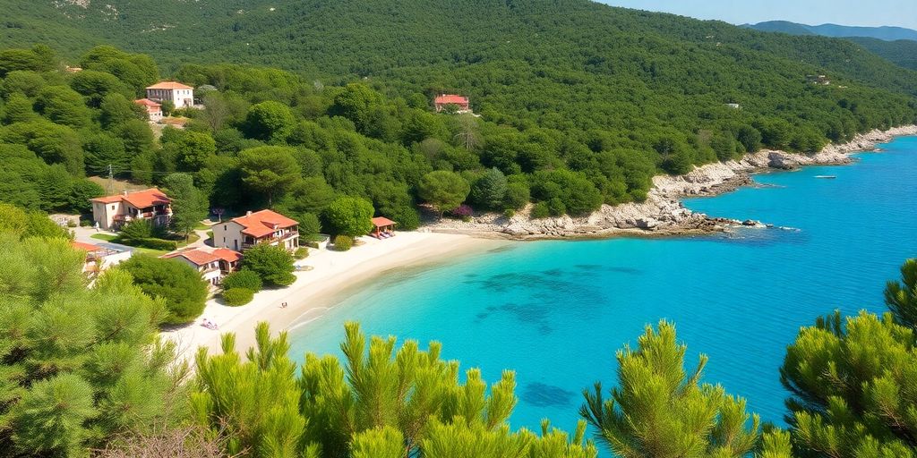 Seaside view von Bibinje mit Ferienwohnungen und Strand.