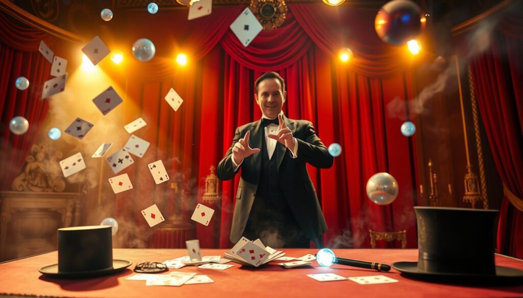 A grand magical stage, illuminated by warm, theatrical lighting. In the foreground, a table adorned with mystical props - playing cards, a top hat, and a wand. Floating playing cards and glowing orbs fill the air, creating an atmosphere of enchantment. In the middle ground, a magician in a classic tuxedo performing a captivating illusion, their hands moving with precision and sleight of hand. The background features a plush, red velvet curtain, hinting at the secrets and surprises that await the audience. The entire scene exudes a sense of wonder and anticipation, capturing the essence of a mesmerizing "zaubershow" for a magical celebration at home. A grand magical stage, illuminated by warm, theatrical lighting. In the foreground, a table adorned with mystical props - playing cards, a top hat, and a wand. Floating playing cards and glowing orbs fill the air, creating an atmosphere of enchantment. In the middle ground, a magician in a classic tuxedo performing a captivating illusion, their hands moving with precision and sleight of hand. The background features a plush, red velvet curtain, hinting at the secrets and surprises that await the audience. The entire scene exudes a sense of wonder and anticipation, capturing the essence of a mesmerizing "zaubershow" for a magical celebration at home.