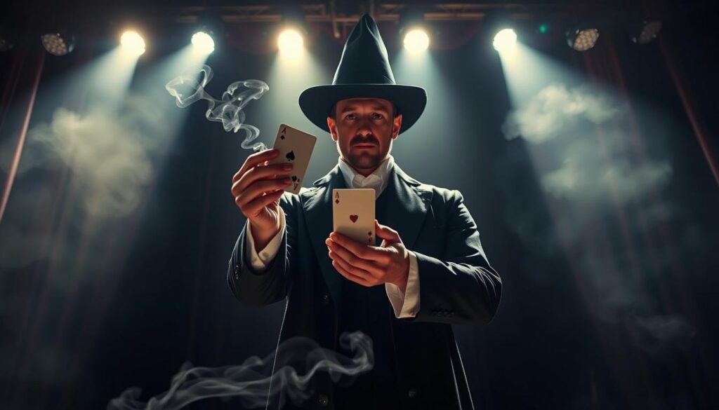 A magician in a long robe and pointed hat stands center stage, casting an enchanting spell. Bright spotlights illuminate his mystical movements, as he seemingly levitates a playing card between his fingertips. The background is a darkened theater, with hazy curtains billowing behind him, creating an intimate, immersive atmosphere. The magician's expression is one of intense focus, his gaze captivating the audience. Delicate wisps of smoke drift through the air, adding to the sense of magic and wonder. The camera angle is slightly low, emphasizing the magician's commanding presence and the audience's awe-struck perspective. The overall mood is one of mesmerizing, up-close magic that transports the viewer to a realm of the extraordinary. A magician in a long robe and pointed hat stands center stage, casting an enchanting spell. Bright spotlights illuminate his mystical movements, as he seemingly levitates a playing card between his fingertips. The background is a darkened theater, with hazy curtains billowing behind him, creating an intimate, immersive atmosphere. The magician's expression is one of intense focus, his gaze captivating the audience. Delicate wisps of smoke drift through the air, adding to the sense of magic and wonder. The camera angle is slightly low, emphasizing the magician's commanding presence and the audience's awe-struck perspective. The overall mood is one of mesmerizing, up-close magic that transports the viewer to a realm of the extraordinary.