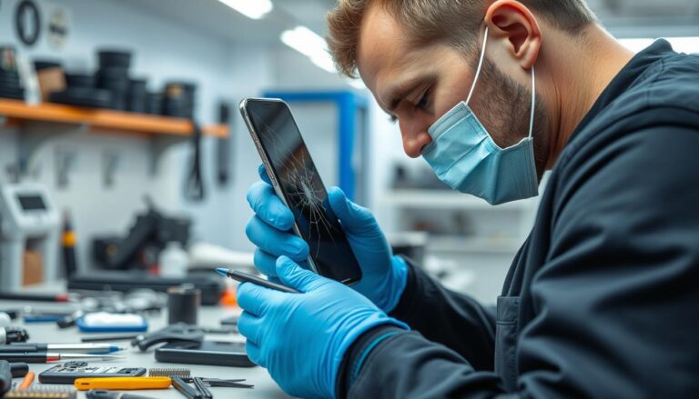 Techniker repariert ein Smartphone mit Displayschaden in einer Handy Reparatur Heidelberg Werkstatt