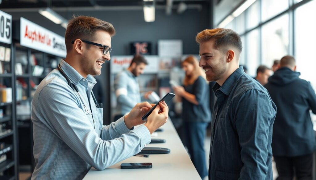 Zufriedener Kunde erhält sein repariertes Smartphone nach einer Handy Reparatur Heidelberg