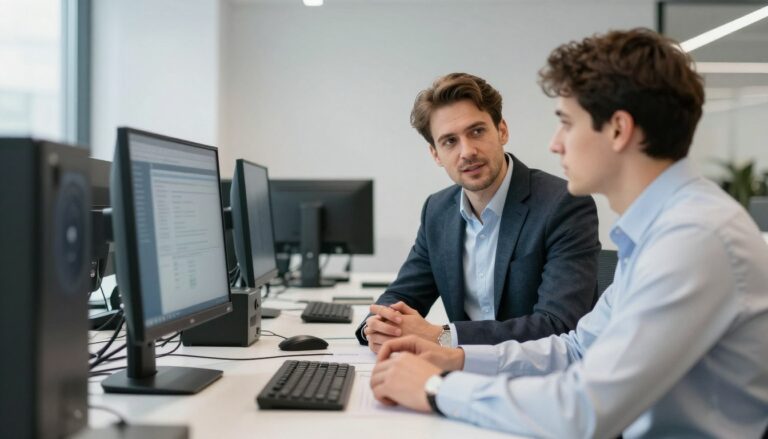 Geschäftsführer eines KMU im Gespräch mit IT-Dienstleister für KMU