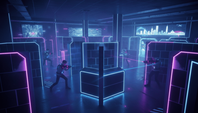 Lasertag nahe Frankfurt Spieler in moderner Arena mit futuristischen Lichteffekten