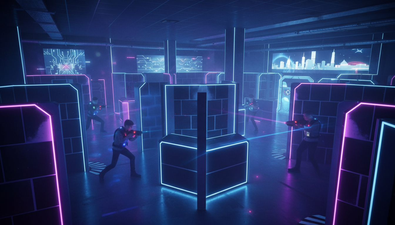 Lasertag nahe Frankfurt Spieler in moderner Arena mit futuristischen Lichteffekten