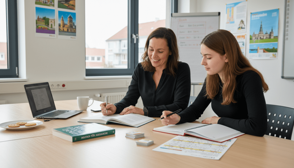 Nachhilfelehrer arbeitet mit Schüler an Deutschaufgaben Nachhilfelehrer arbeitet mit Schüler an Deutschaufgaben