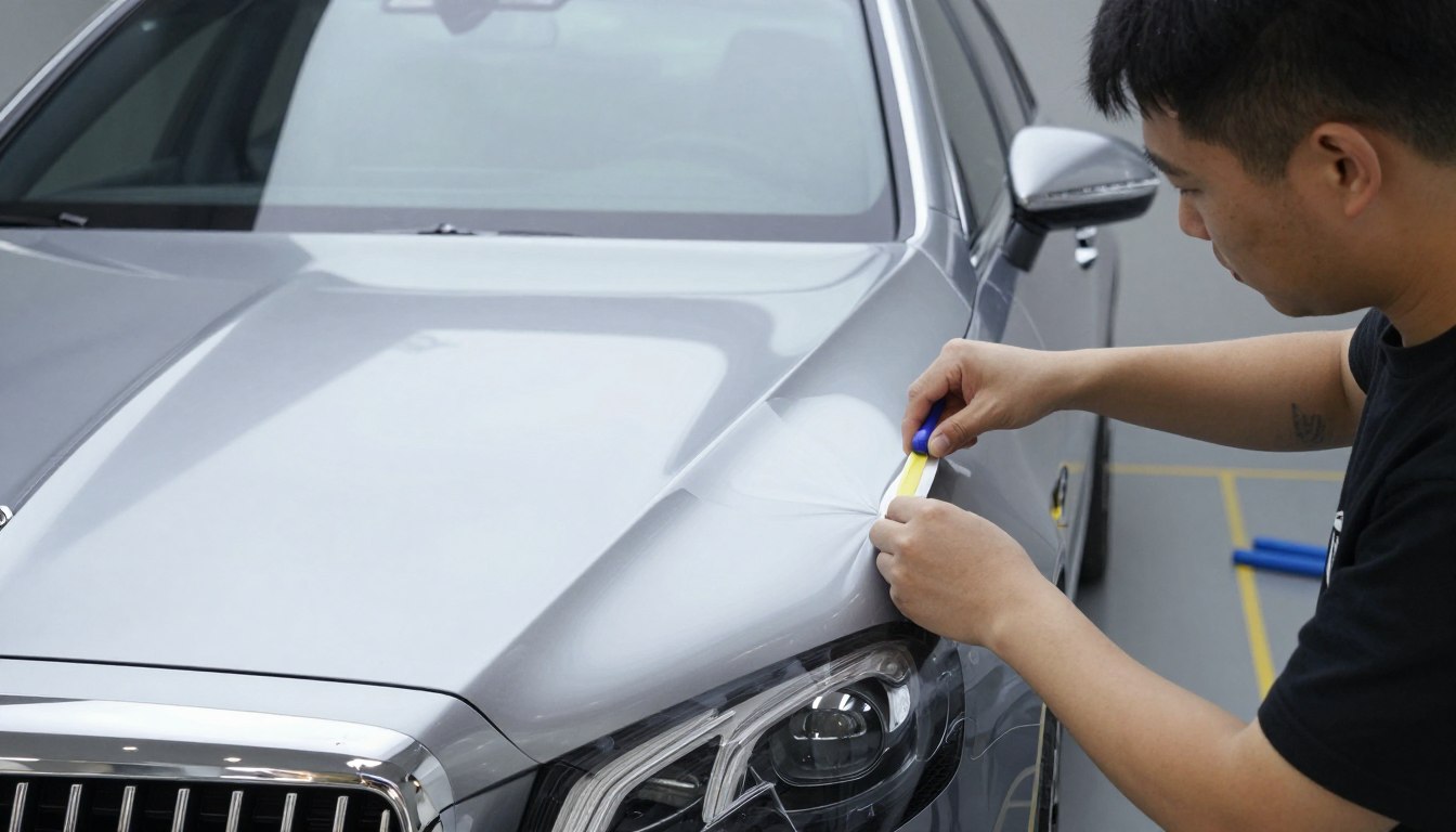Professioneller Autofolierer bei der Arbeit an einem Fahrzeug
