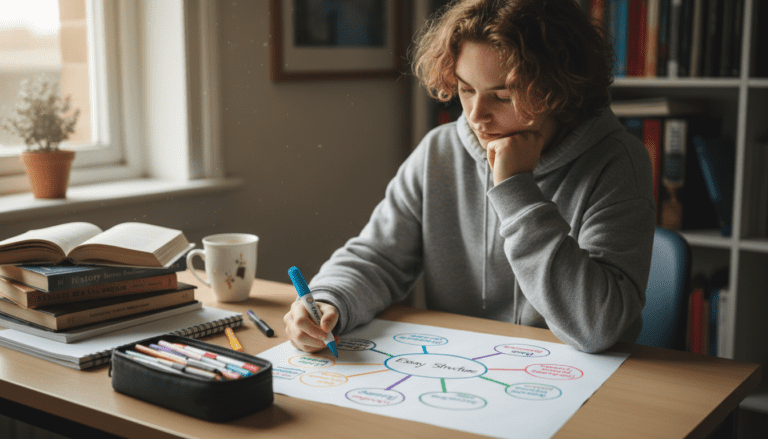 Schüler plant Aufsatzstruktur mit Mindmap auf Papier