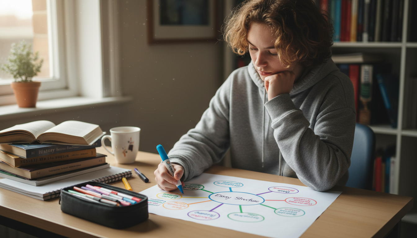Schüler plant Aufsatzstruktur mit Mindmap auf Papier